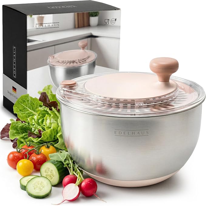 Salad Spinner Stainless Steel - Lettuce Fruit Vegetable Washer | 5.3Qt BPA-Free, Stop Button, Crank Handle & Drain Spout - Kitchen Colander Produce Cleaner, Non-Slip, Dishwasher Safe