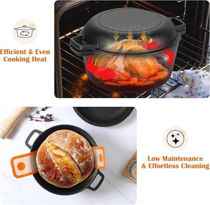 E-far 5QT Dutch Oven for Bread Baking, 2-IN-1 Cast Iron Pot with Skillet Lid & Sourdough Starter Kit, Bread Oven Pan with Baking Supplies for Frying, Braising, BBQ, Rust-Free & Heavy Duty