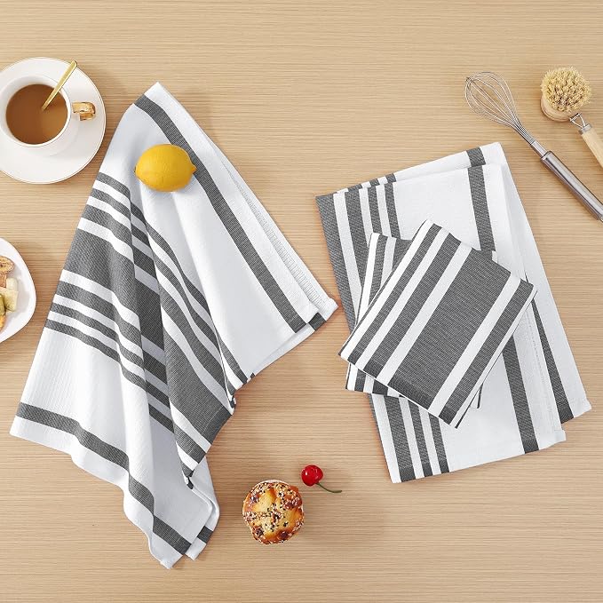 Homaxy Premium Cotton Stripe Kitchen Towels 12 Pack, 18"x 28", Black | Large 380 GSM Kitchen Hand Towels, Soft Terry Dish Towels, Highly Absorbent Tea Towel Set with Hanging Loop