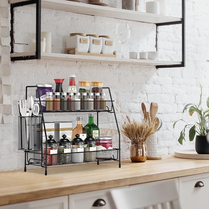 Bathroom Organizer Countertop, Spice Rack Organizer for Cabinet,Black | 2-Tier Bathroom Counter Organizer,Vanity Organizer Corner Shelf with Small Basket for Sink,Kitchen,Bedroom,Living room,Office
