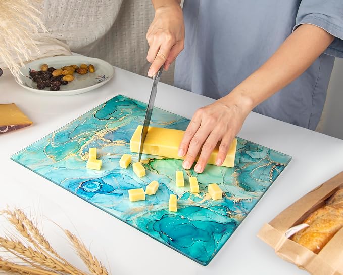 Glass Cutting Board 16"x12": Tempered Glass Kitchen Counter Protector - Durable- Scratch-Resistant, Heat-Proof - Design 9 - Teal Ocean