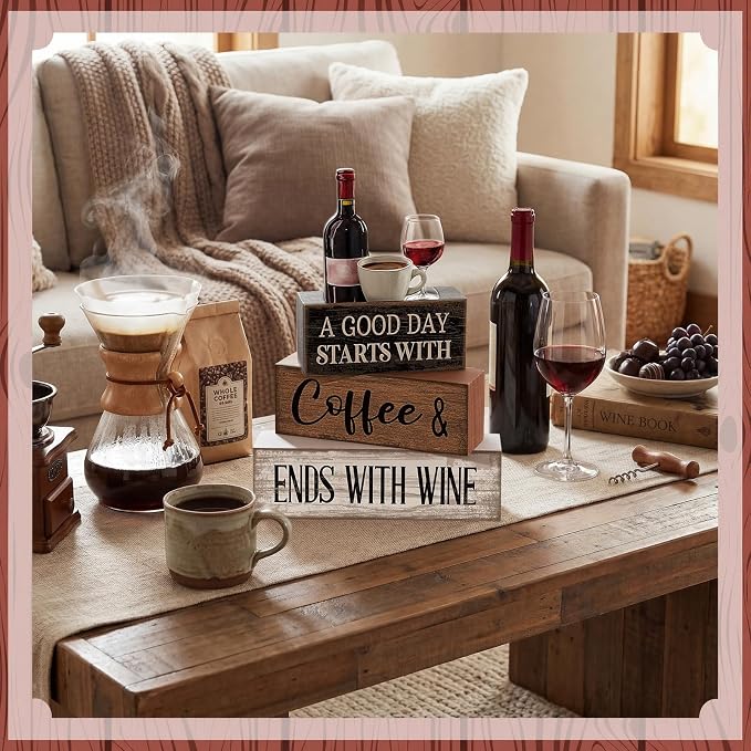 Lineshading 4 Pcs Coffee and Wine Bar Decor Farmhouse Kitchen Counter Decor | Rustic Tabletop Display, Bar Decor for Coffee Wine Lovers, Farmhouse Kitchen Counter Gift, Layered Wooden Blocks