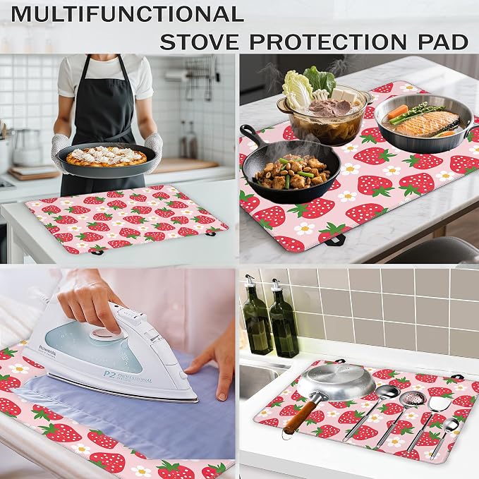 Sweet Strawberry Glass Top Stove Cover Protector,Lovely Flower Stove Top Covers for Electric Stove,Washable Heat Resistant Cooktop Mat Anti-Slip Range Covers, 28 x 20 Inch