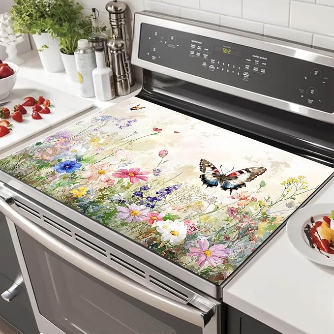 HOMETITUTE Butterfly Stove Top Cover 28x20 Wildflower Meadow Diatomite Mat