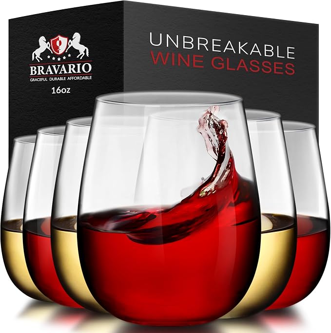 Bravario Unbreakable Stemless Plastic Wine Glasses | Reusable | Shatterproof 100% Tritan Plastic | Dishwasher-Safe | BPA-free | Awesome for Indoor & Outdoor | 16 oz, Set of 6
