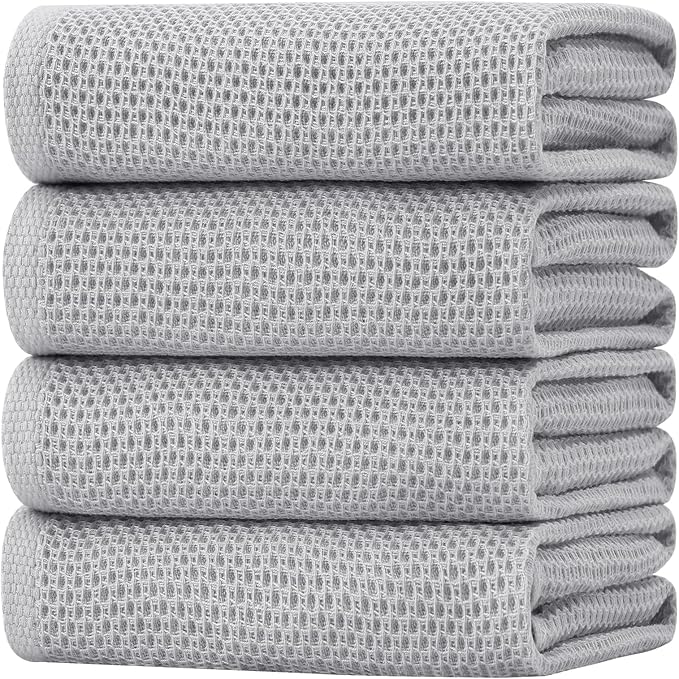 Homaxy 100% Cotton Oversized Waffle Weave Kitchen Towels 4-Pack, Light Gray | 20 x 28 Inches, Ultra Soft Absorbent Dish Towels, Quick Drying Large Cleaning Towels
