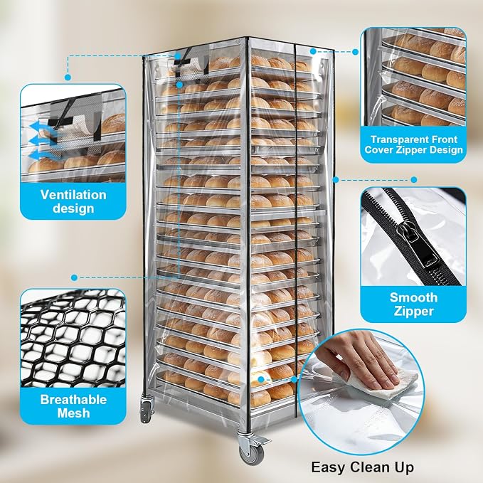 Bun Pan Sheet Rack Cover,Bread Speed Rack Cover with Zipper,Commercial Bakery Racks, 23"x28"x61"Clear PVC Waterproof Dustproof Bread rack Cover with Breathable Mesh Vent (20-Tier TPU)
