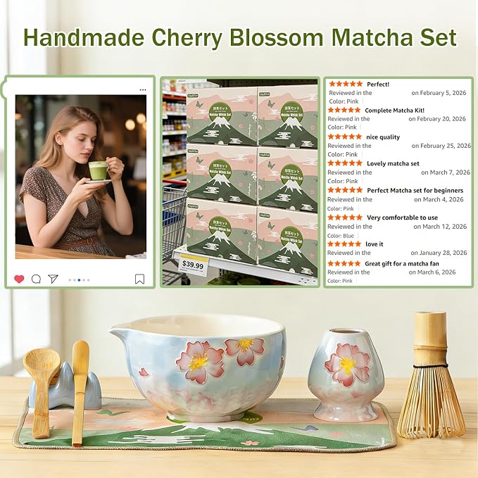 Clay&Fire Matcha Whisk set, 9 pcs Handcrafted Matcha Set for Beginner | Matcha Bowl with Spout and Whisk, Matcha Tea Kit for Matcha Lovers, Ideal Gift for Friend(Cherry Pink)