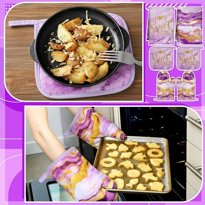 Bencailor 6 Pcs Purple Kitchen Decor Marble Dish Towels Oven Mitts and Pot Holders Modern Purple Marble Kitchen Set for Baking Cooking Grilling Cleaning Supply Accessories
