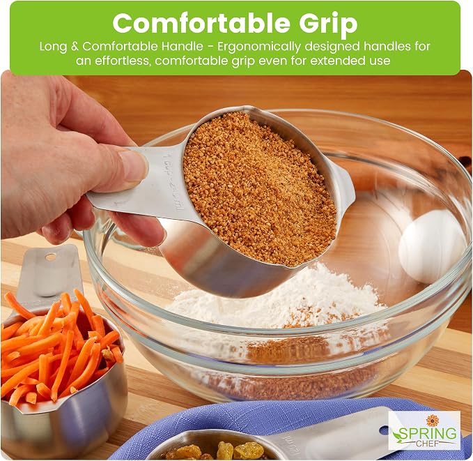 Spring Chef Stainless Steel Measuring Cups Set of 7 with Pour Spout | Metal Measuring Cups for Measuring Dry or Liquid Ingredients, Easy to Read Markings, Dishwasher Safe Nesting Cups for Kitchen