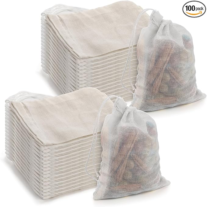 100 Pack Muslin Drawstring Bags, 3x4 Inch Reusable Natural Unbleached Cotton Straining Bags for Herbs, Coffee, Tea, Soup, Spices, Produce Bag Bulk Gift Bag Jewelry Pouch for Party Wedding Home