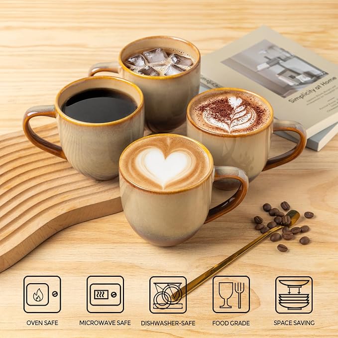 theterra Ceramic Coffee Mugs Set of 6, 12 oz Coffee Cups with Handle | Handmade, Suitable for Latte, Tea, Milk, Beer & Hot Cocoa, Creamy Amber
