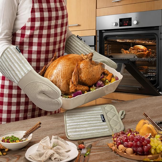 Alselo Silicone Oven Mitts Heat Resistant 932℉ with Waterproof & Non-Slip | Kitchen Mittens Set of 2,Extra Long 7.5"x15" Oven Gloves with Soft Cotton Terry Lining for Baking Cooking BBQ (Khaki,2)