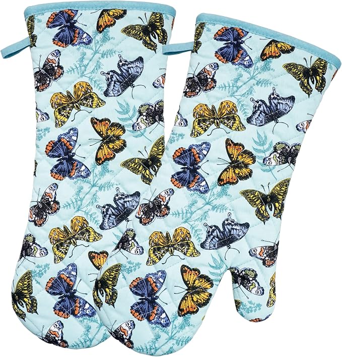 Oven Mitts Cotton Fashion Cute Butterfly Design 1 Pair | Heat Resistant Oven Gloves Safe Cooking Baking Grilling Barbecue Machine Washable Pot holders Christmas Gift (Butterfly)