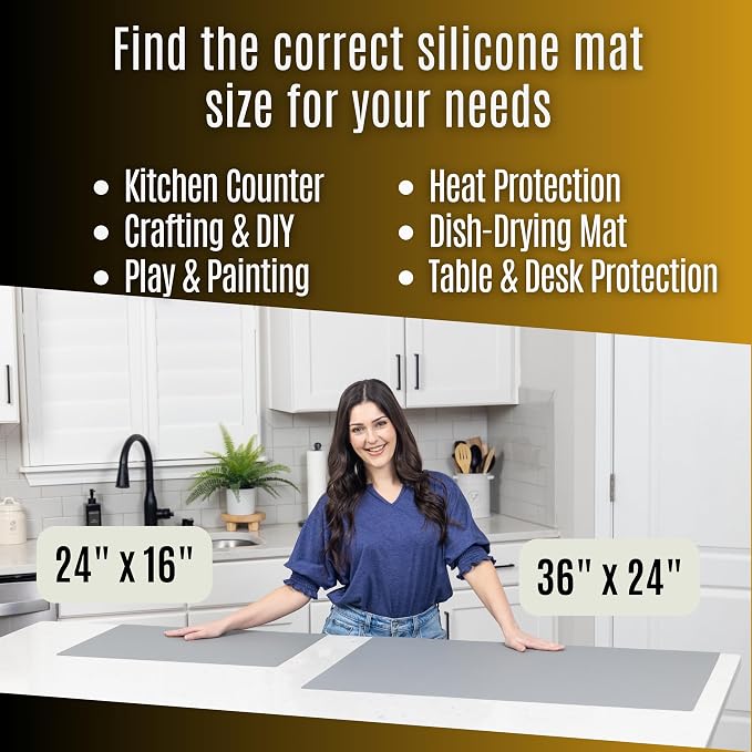 Silicone Mat for Kitchen Counter with "Edge Protection" – Quartz Countertop Protector Mats – Silicone Heat Resistant Mat – No Folds or Wrinkles – 1.5mm Thick, 24"x16", Gray