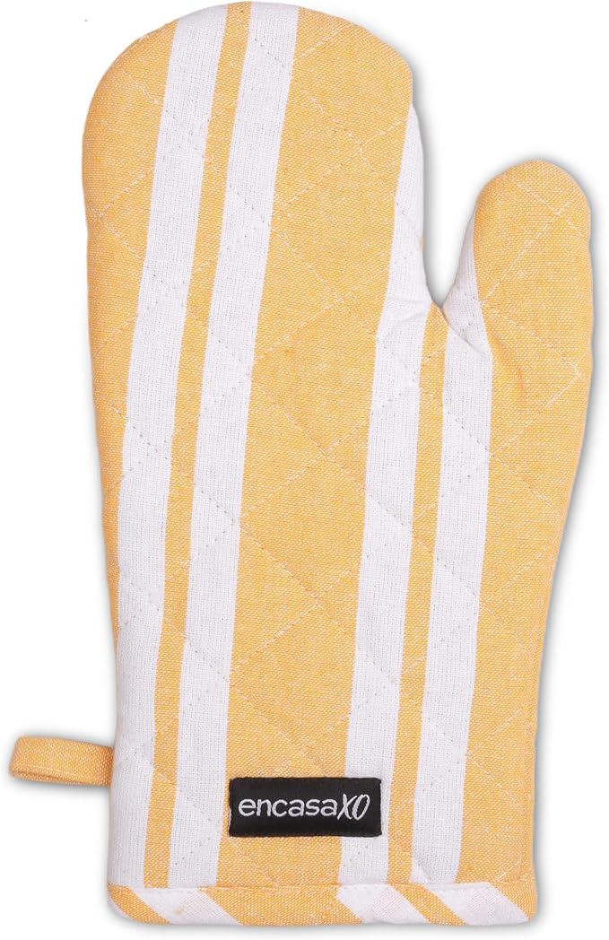 Encasa XO Oven Mitts, Heat Resistant Kitchen Gloves, Microwave | Franca Yellow Stripes, 100% Cotton | Diamond Quilted Insulation | Pot Holders | Hanging Loop | Barbecue & Grill | Set of 2