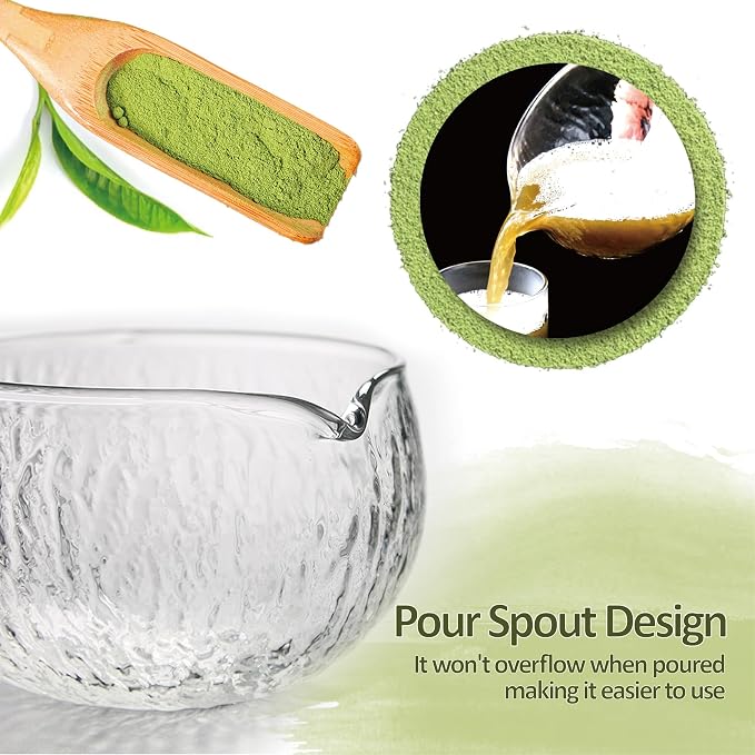 Matcha Bowl and Whisk Holder Set, Glass Matcha Bowl with Spout, Ceremonial Mixing Chawan, Clear Traditional Japanese Matcha Kit for Tea/Matcha Powder/Soup - Hammer Pattern