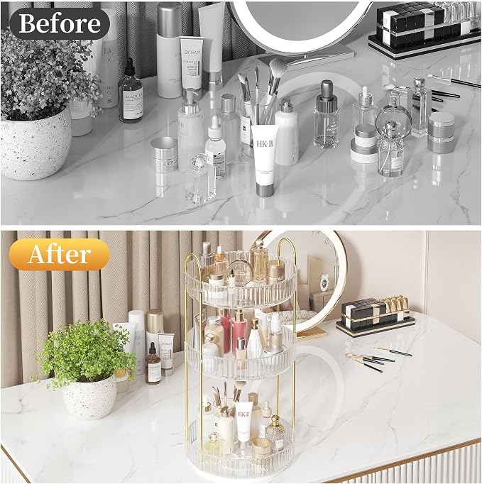 Rotating Rotating Makeup Organizer Countertop, Skincare Organizers | Spinning Perfume Tray Stand, Makeup Storage Organizer for Vanity, Bathroom Organizer and Storage, Lazy Susan, 3 Tier, Clear