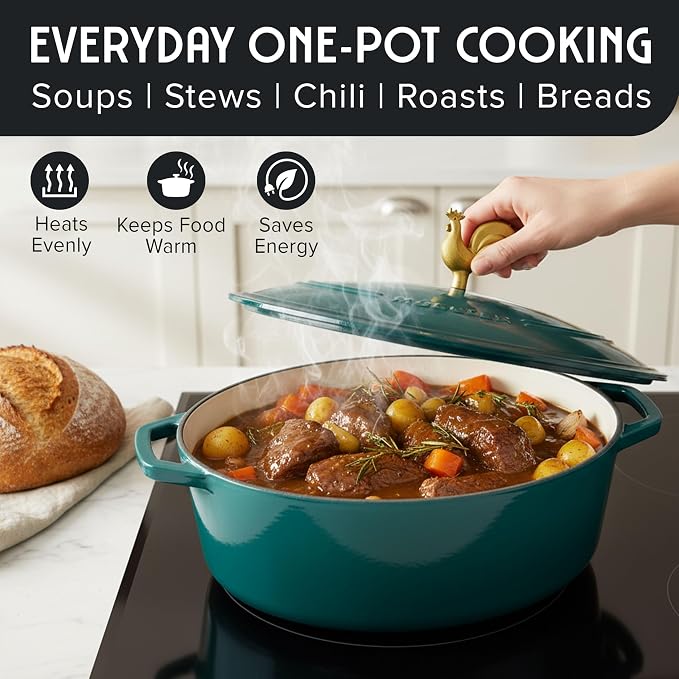 MUELLER HOME 5.5 Quart Enameled Cast Iron Oval Dutch Oven with Rooster Knob and Cotton Potholders, Heavy-Duty Cookware, Oven-Safe up to 500° F & Across All Cooktops, Thanksgiving Essentials, Emerald | Rooster Knob, Cotton Potholders Included, Heavy-Dut...