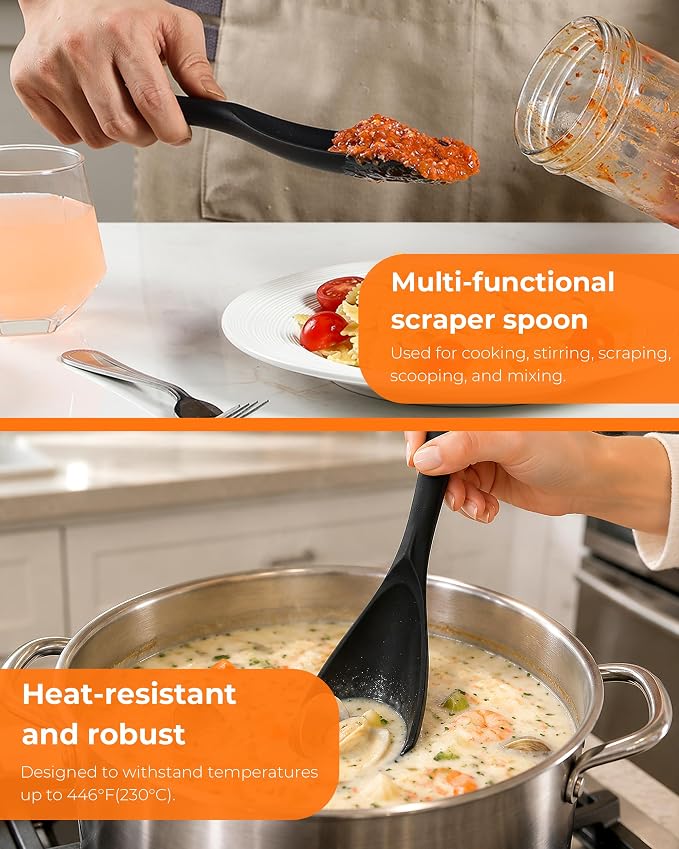 2-Pack Silicone Cooking Spoons & Spoonulas with S-Hooks | Heat resistant 446°F, BPA free for nonstick cookware, multifunction spatula spoon for mixing, scooping & serving