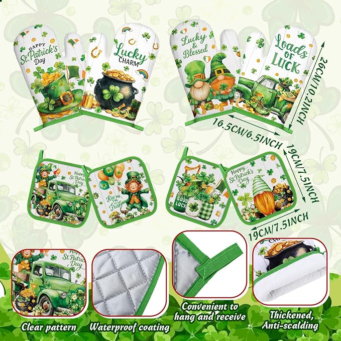 SiliFine 12 Pcs St. Patrick's Day Kitchen Towels Pot Holders and Oven Mitts Set 4 Green Clover Dish Towels 4 Shamrock Leprechaun Coins Oven Mitts 4 Gnomes Potholders for Xmas Dish Baking Decorative