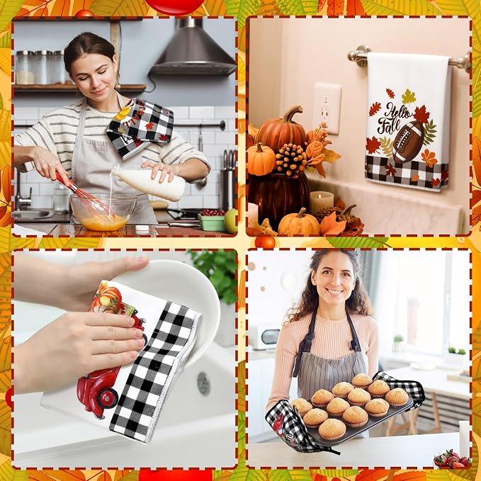 Leinuosen 6 Pack Fall Thanksgiving Kitchen Set with 2 Football Dish Towels, 2 Buffalo Buffalo Plaid Pot Holders and 2 Marple Leaves Oven Mitts for Gifting, Baking, and Cooking Accessories