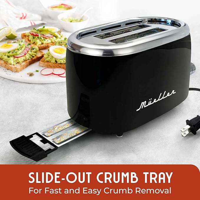 MUELLER HOME Retro Toaster 2 Slice, 7 Browning Levels | 3 Functions (Reheat, Defrost, Cancel), Stainless Steel Features, Removable Crumb Tray, Under Base Cord Storage,