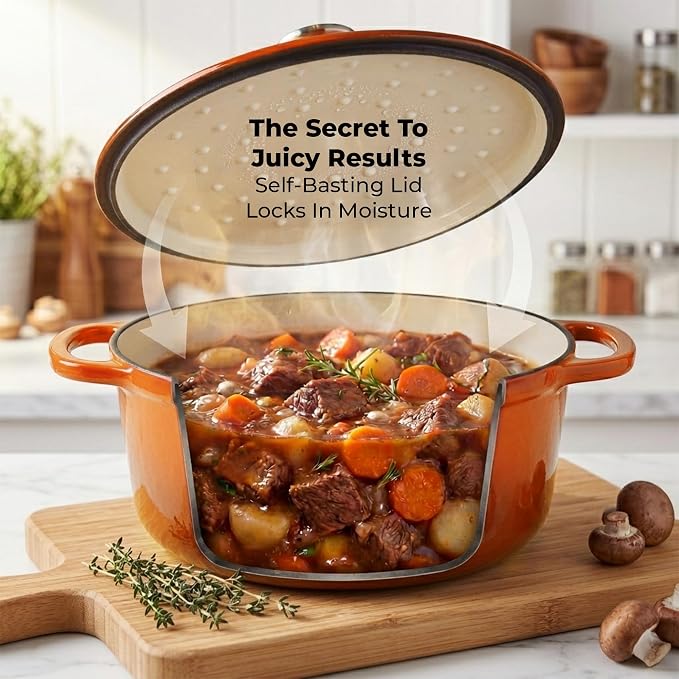 Zulay Kitchen 7.7 Quart Enameled Cast Iron Dutch Oven Pot with Lid – Premium Durability & Oven Safe up to 500°F – Heavy Duty Cookware Perfect for Bread Baking, Stews, Braising & Roasting – Orange