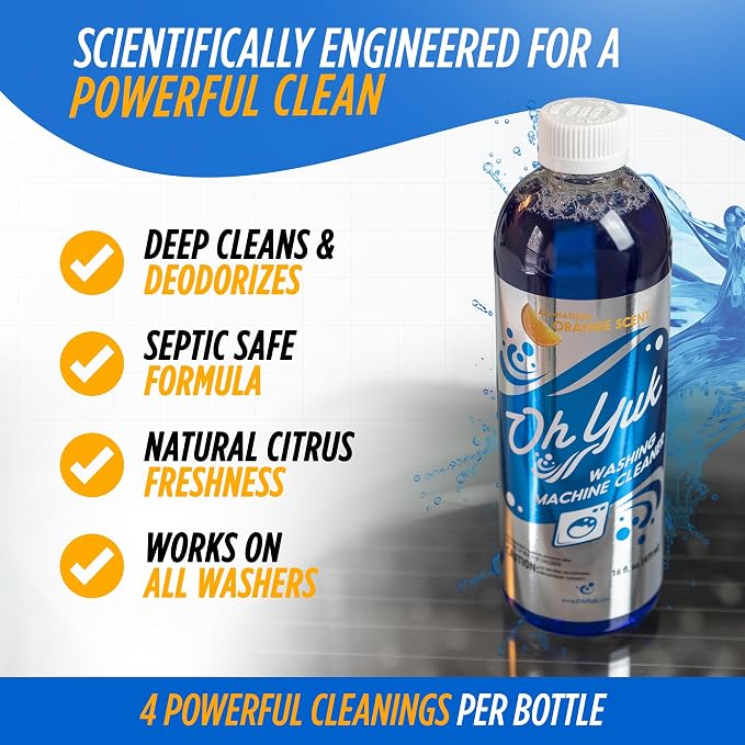 Oh Yuk Washing Machine Cleaner for HE & Non-HE Washers, Septic Safe, 16oz | Cleans Top & Front Load Washers, 4 Cleanings per Bottle, Removes Odor-Causing Buildup, Natural Citrus Scent, Septic Safe