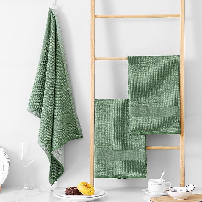 Homaxy 380 GSM Cotton Premium Kitchen Towels 12 Pack, 18"x 28", Grass Green | Flat and Terry Dish Towels, Highly Absorbent Tea Towel Set with Hanging Loop, Soft Utility Kitchen Hand Towels