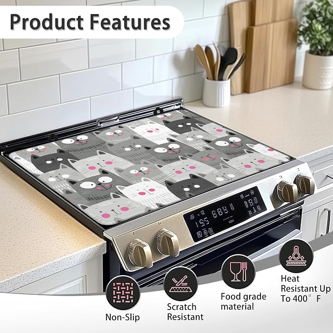 Electric Stove Top Cover Protector – Gray Cartoon Cat Glass Flat Top Stove Mat Oven Induction Cooktop Mat for Ceramic Countertop Mats Heat-Resistant Dish Drying Mat