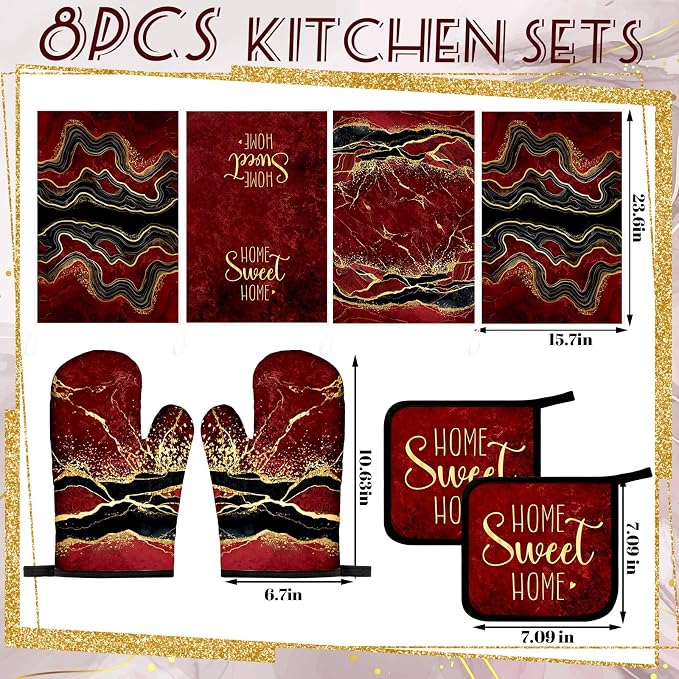 Leinuosen Burgundy and Gold Marble 8 Pcs Kitchen Towels and Dishcloths Sets Oven Mitts and Pot Holders Absorbent Kitchen Gloves Potholders Heat Resistant for Chef Baking Cooking