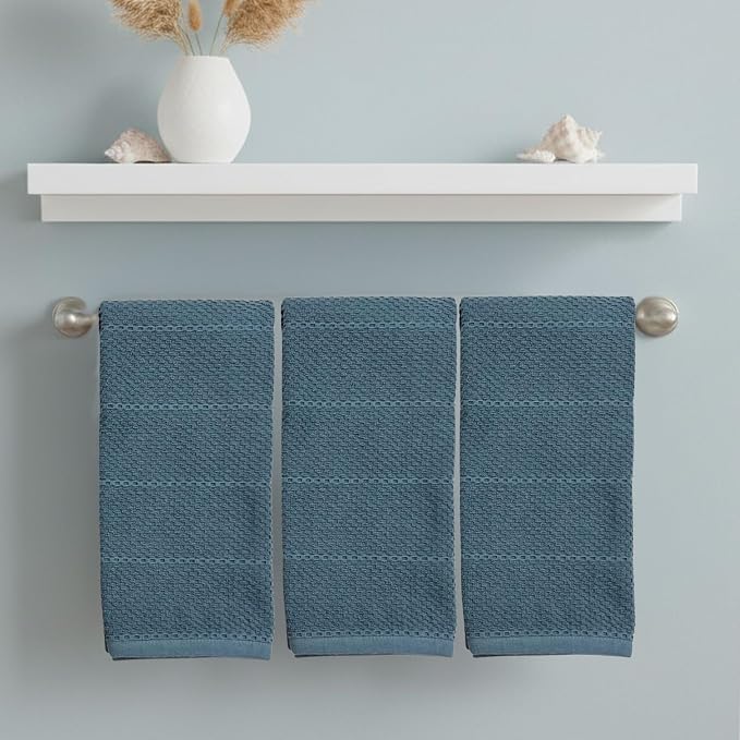 Teal Dark Blue Kitchen Hand Dish Towels, Set of 3, 100% Cotton, 18" x 28" | Terry Loop Textured, Soft & Absorbent Cleaning Cloth, Quick Dry, Multipurpose for Everyday Use
