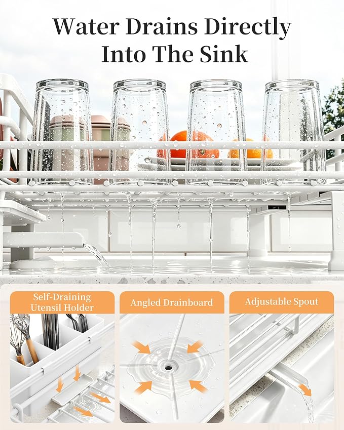 SAYZH Expandable Dish Drying Rack for Kitchen Counter, Metal, White | Foldable Over Sink, Large Capacity, Rust-Resistant, Adjustable for Most Sinks, Automatic Drainage, Removable Utensil Holder
