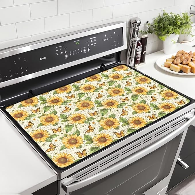 Sunflower Butterfly Stove Top Cover for Electric Stove, Glass Ceramic Stove Top, Heat Resistant Cooktop Cover Dish Drying Mats