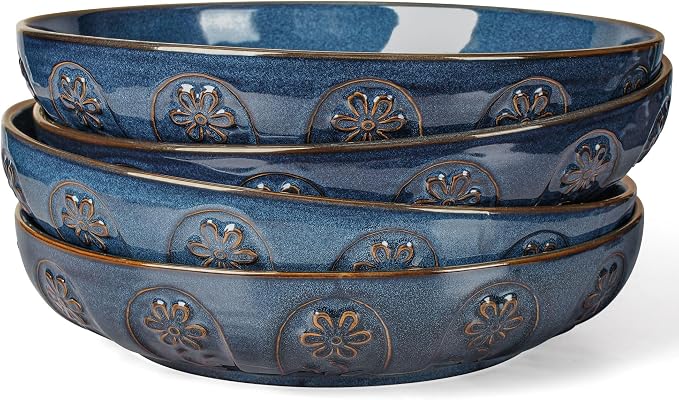 Pasta Bowls, 50oz Large Salad Serving Bowls, 9.75'' Plates Bowls Set of 4, Big Ceramic Soup Bowls for Kitchen, Embossment Shallow Dinner Bowl, Microwave Dishwasher Safe, Pinwheel Flower, Blue