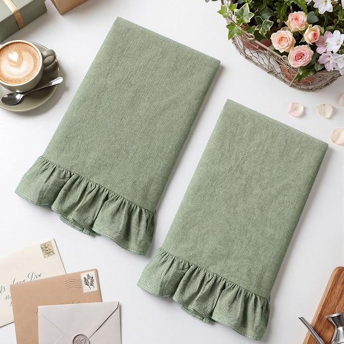 HunnmingRe Sage Green Kitchen Towels Set of 2, 100% Cotton Retro Ruffled Dish Towels 18"x28" Absorbent Tea Cloths for Farmhouse Charm, Drying Dishes, Entertaining Guests