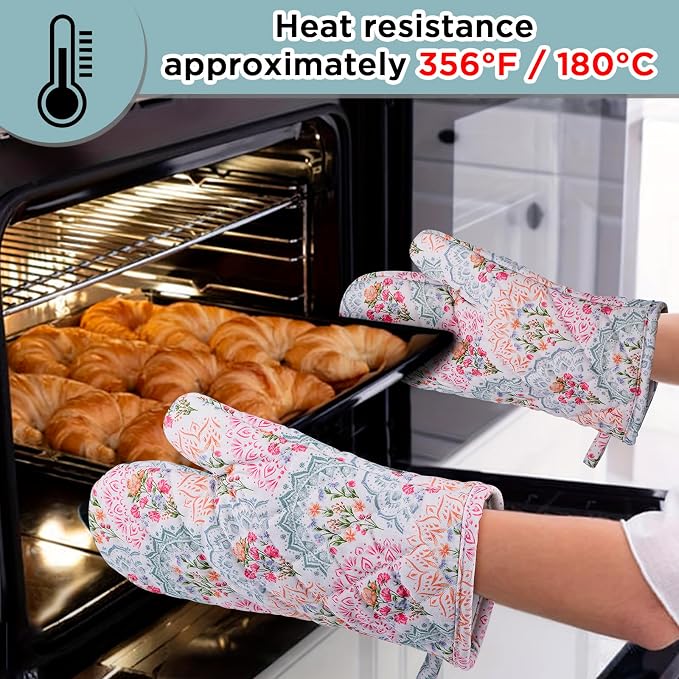 BONTHEE Oven Mitt Extra Long Cotton Cooking Kitchen Mitts with Non-Slip Striped Oven Mitts for Cooking Baking Grilling - Mandala - Oven Gloves - 2PCS