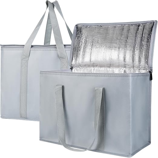 Bodaon Insulated Reusable Grocery Shopping Bags, 2-Pack, X-Large, Grey | Picnic Cooler Bag Top Cold/Warmer, Heavy Duty Insulated Food Delivery Bag, For Commercial Catering Rideshare Driver, Foldable