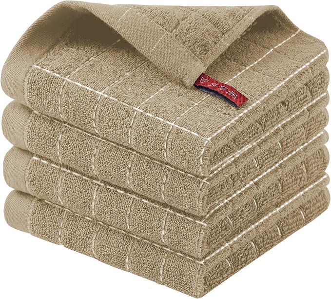 Homaxy 100% Cotton Terry Kitchen Dish Cloths, 4 Pack, Tan | Ultra Soft and Absorbent Dish Towels for Kitchen, Suitable for Drying and Washing Dishes