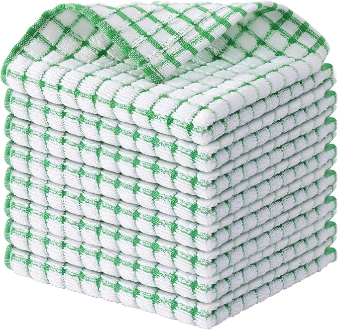 Kitinjoy Cotton 8 Pack Terry Kitchen Dish Cloths, Green | 12 x 12 Inches Super Soft and Absorbent Dish Rags, Quick Drying Dish towels for Washing Dishes