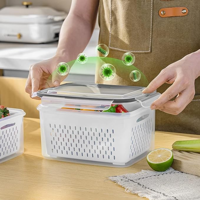 5 PCS Large Fruit storage Containers for Fridge with Colanders and Choppers | with Removable Colander Leakproof Dishwasher & Microwave safe Produce Containers Keep Fruits Vegetables Berry Fresh longer