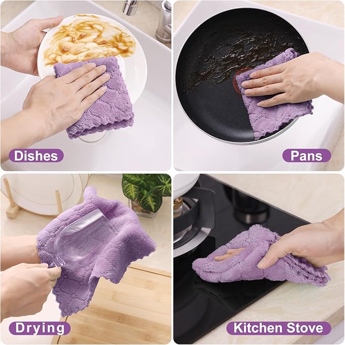 Homaxy 12 Pack Super Soft & Absorbent Dish Cloths, 10" x 10", Purple | Coral Velvet, Nonstick Oil Fast Drying Microfiber Cleaning Cloth, No Lint Household Dishcloths