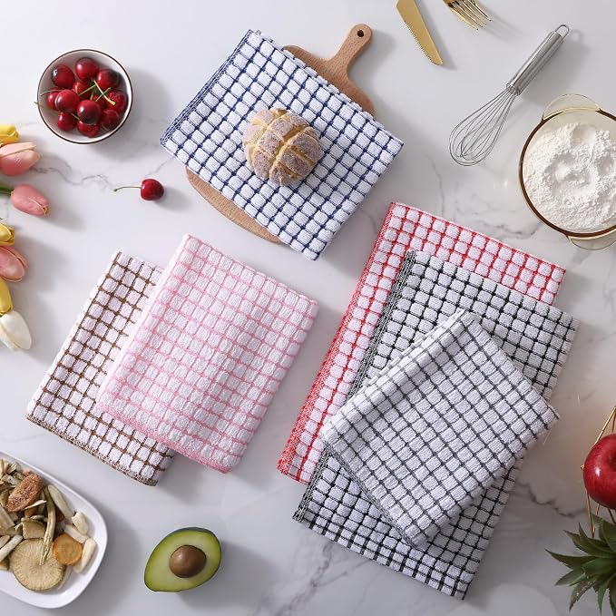 Mordimy Cotton 12 Pack Terry Kitchen Towels, 16 x 25 Inches | Super Soft and Absorbent Dish Towels, Quick Drying Hand Towels for Kitchen Drying, Black/Grey/Blue/Pink/Red/Brown