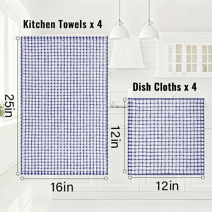 Homaxy Kitchen Towels and Dishcloths Set, Set of 8, Blue | Cotton Terry Kitchen Dish Towels, Super Soft and Absorbent Dish Cloths, 16 x 25 and 12 x 12 Inches