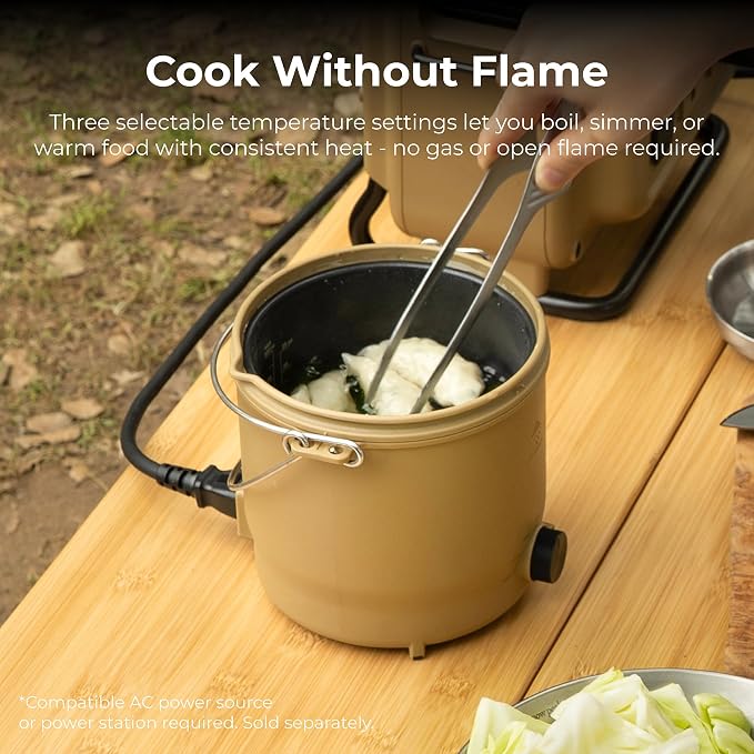Electric Outdoor Cooker, Portable Hot Pot & Steamer, Rice Cooking Mode, Non-Stick 500W Camping Stove, 3 Heat Settings, 800ml Capacity, Auto Keep Warm, Plug-in for Power Stations (Black)