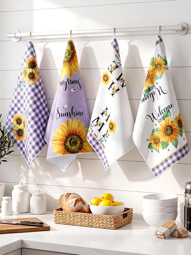 4 Pcs Sunflower Kitchen Towels Purple Plaid Hand Dish Towels | Absorbent Fast Drying Tea Dishcloths Sunshine Lavender Decor Housewarming Gift for Cooking Bathroom Kitchen Decor