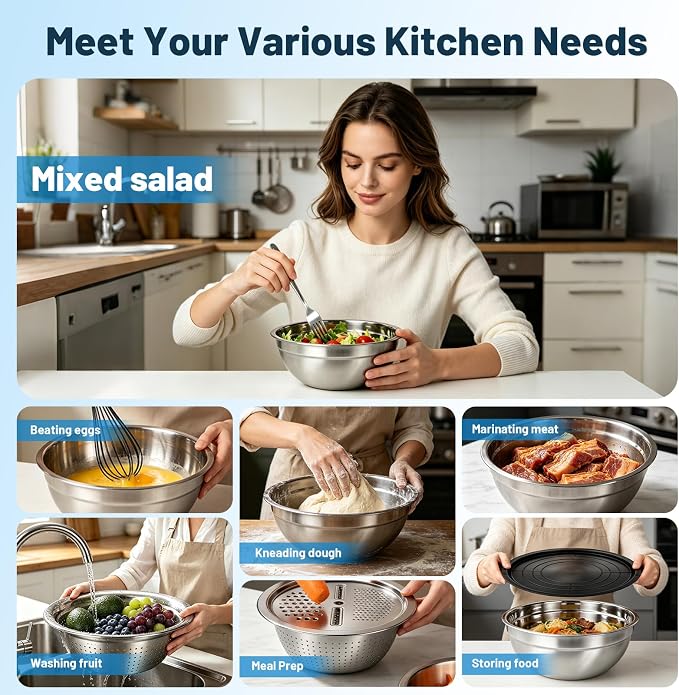 Stainless Steel Mixing Bowls with Lid and Colander Set | Size 6.3, 4.3, 3.6, 2.9QT,9Pcs Multipurpose Kitchen Metal Bowls with Grater,Colander,Egg Whisk,Separator for Baking Serving