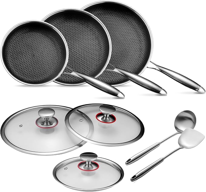 Lazycorner Pots and Pans Set Non Stick,Stainless Frying Pans Skillet with Lid Non toxic Healthy Kitchen Cookware Sets Induction Compatible