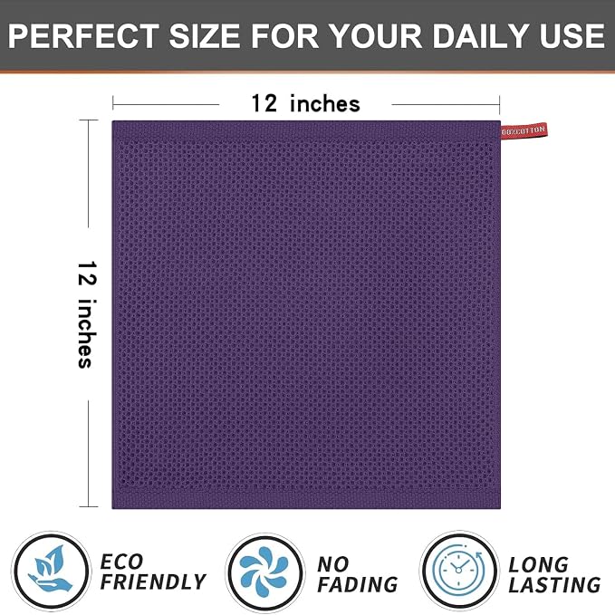Kitinjoy 100% Cotton Waffle 6-Pack Kitchen Towels, 12" x 12", Eggplant | Ultra Absorbent, Super Soft, lightweight, Quick Drying Dish Rags for Washing Dishes